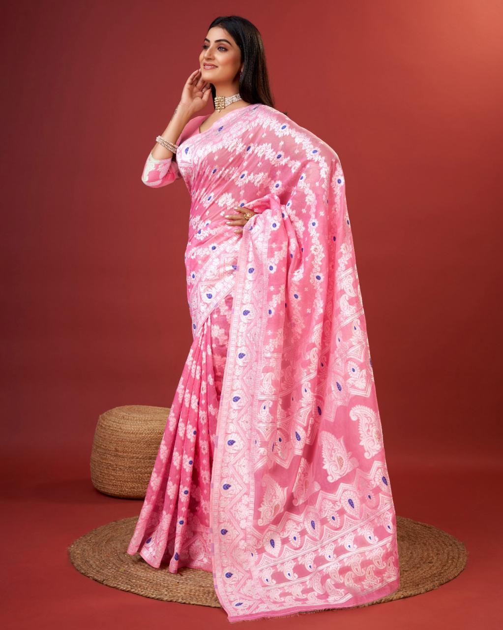 Adorning Pink Cotton Silk Saree With Opulent Blouse Piece