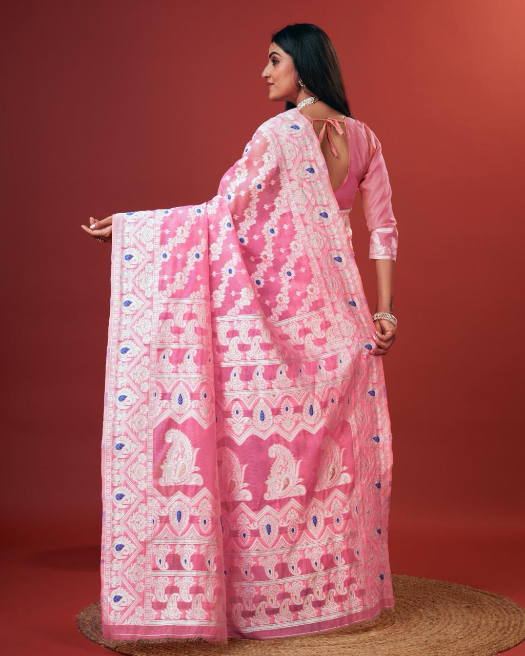 Adorning Pink Cotton Silk Saree With Opulent Blouse Piece