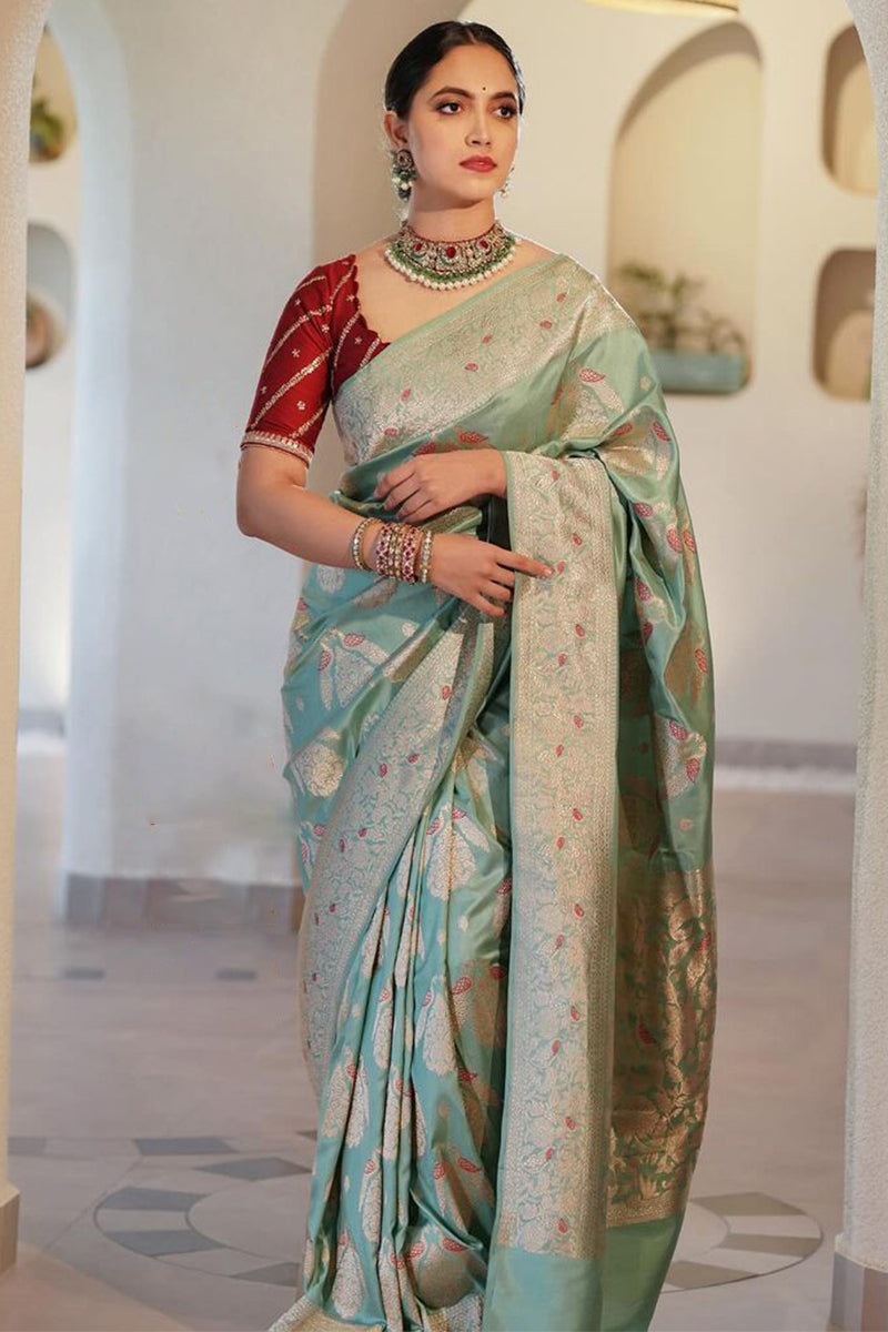 Demure Sea Green Soft Silk Saree With Magnetic Blouse Piece