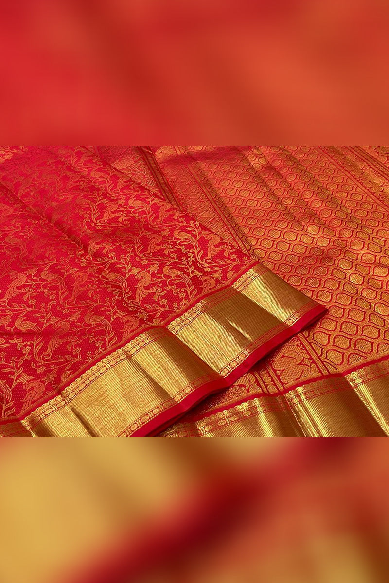 Dalliance Red Soft Banarasi Silk Saree With Panoply Blouse Piece