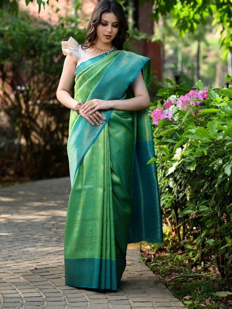 Fairytale Sea Green Soft Banarasi Silk Saree With Preferable Blouse Piece