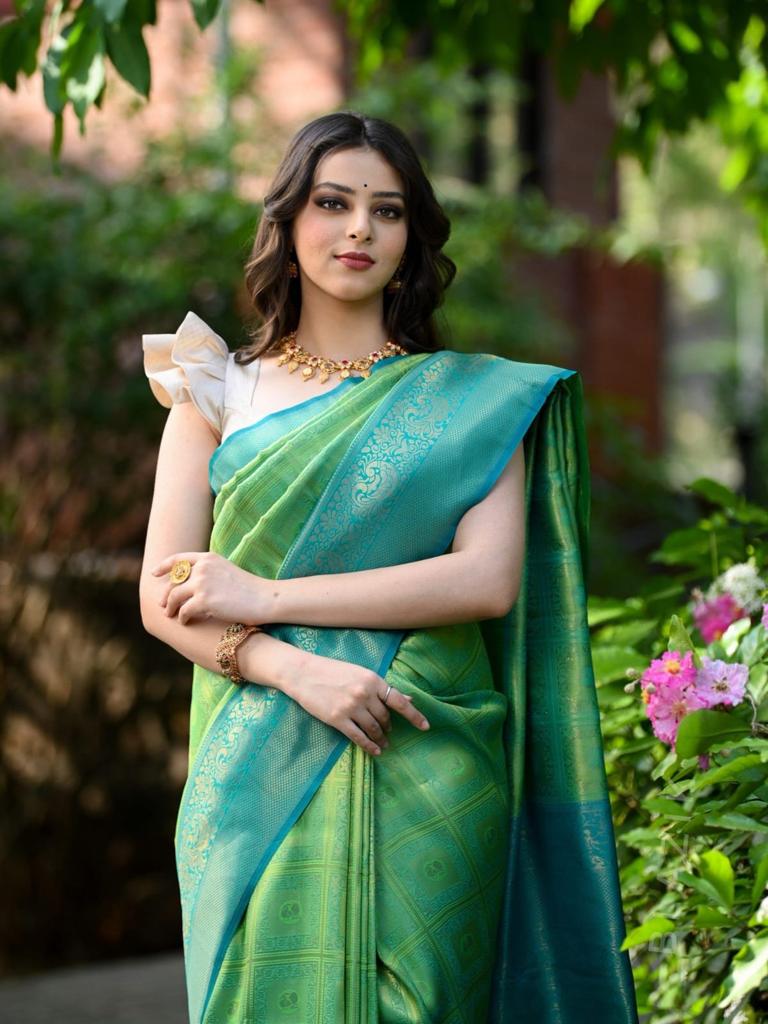 Fairytale Sea Green Soft Banarasi Silk Saree With Preferable Blouse Piece