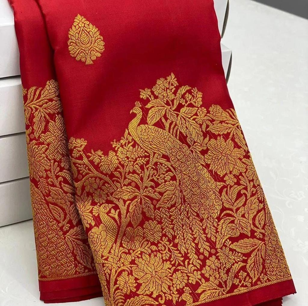 Gossamer Red Soft Banarasi Silk Saree With Chatoyant Blouse Piece