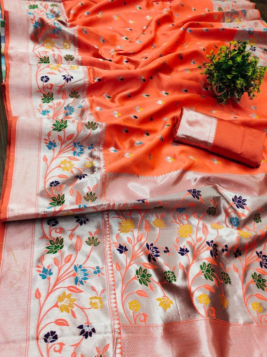 Beautiful Orange Paithani Silk Saree With Engrossing  Blouse Piece