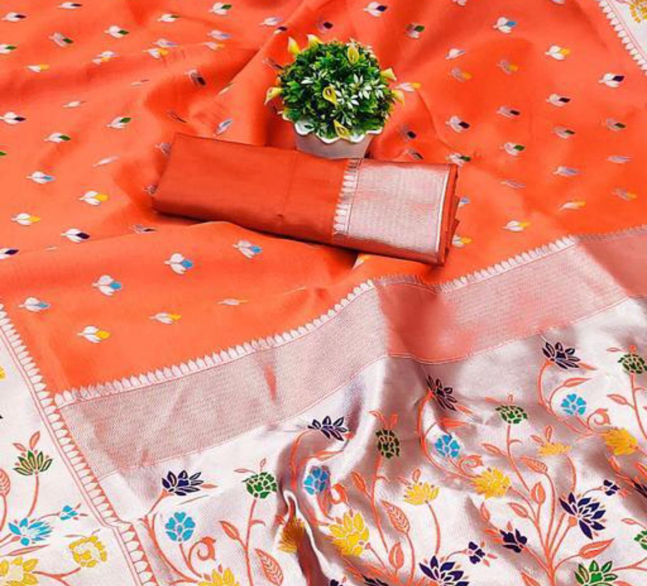 Beautiful Orange Paithani Silk Saree With Engrossing  Blouse Piece