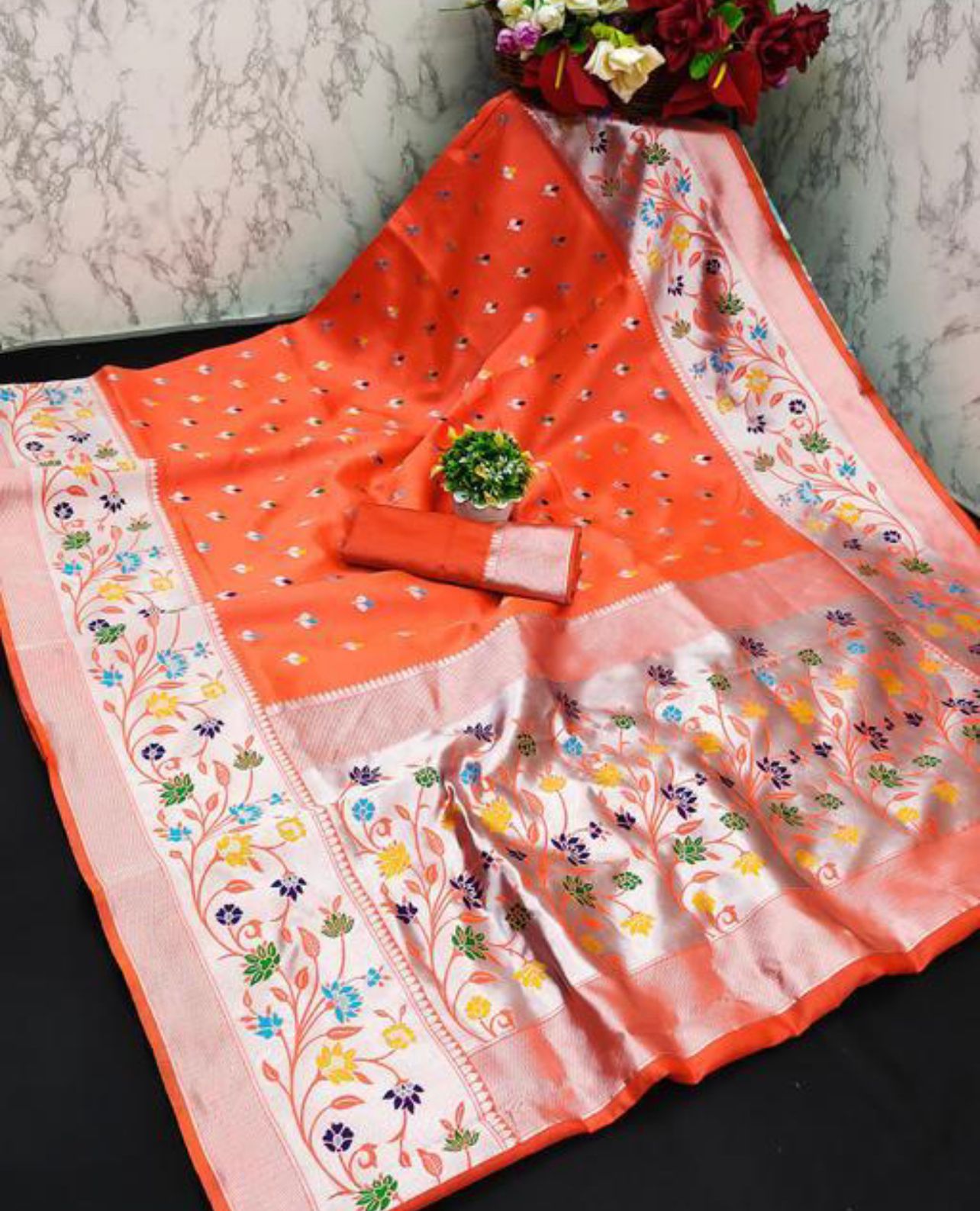 Beautiful Orange Paithani Silk Saree With Engrossing  Blouse Piece