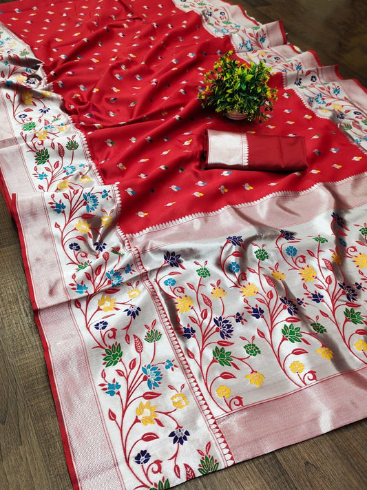 Ailurophile Red Paithani Silk Saree With Diaphanous Blouse Piece