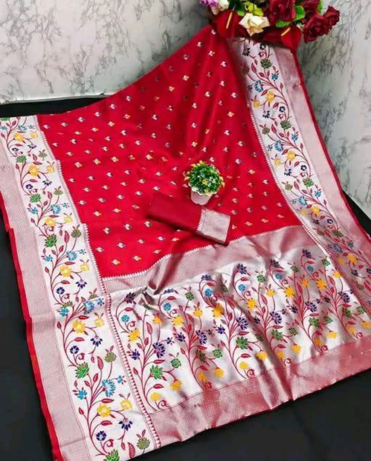 Ailurophile Red Paithani Silk Saree With Diaphanous Blouse Piece