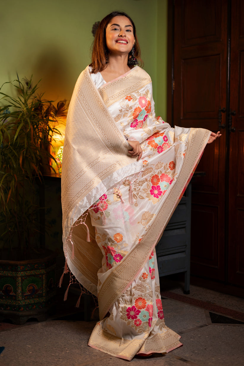 Majesty Beige Soft Banarasi Silk Saree With Demanding Blouse Piece