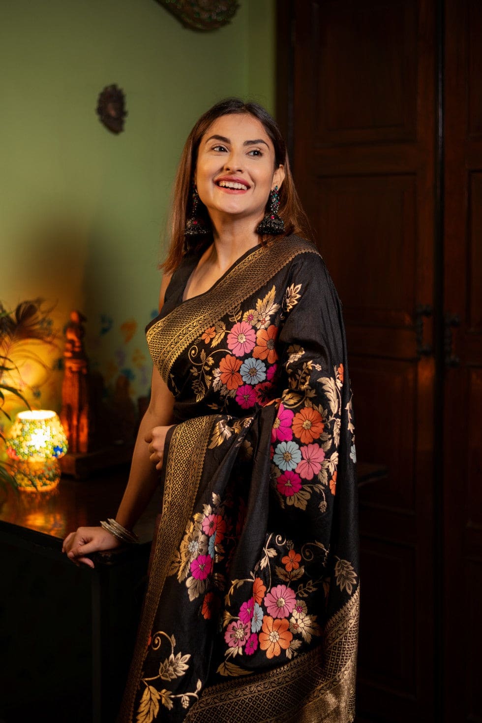 Charming Black Soft Banarasi Silk Saree With Hypnotic Blouse Piece