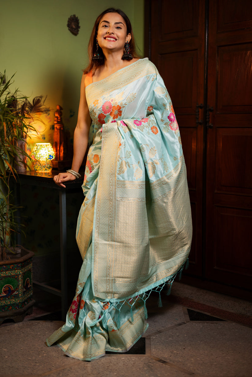 Evocative Sky Soft Banarasi Silk Saree With Petrichor Blouse Piece