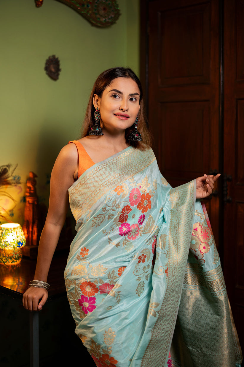 Evocative Sky Soft Banarasi Silk Saree With Petrichor Blouse Piece