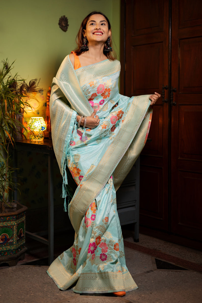 Evocative Sky Soft Banarasi Silk Saree With Petrichor Blouse Piece