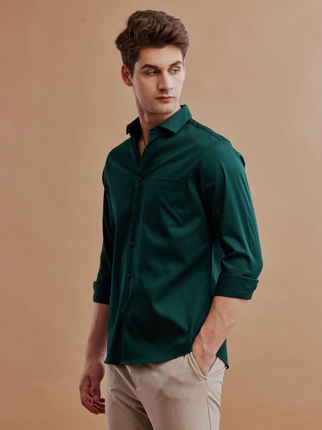 Aldeno Men Satin Stretch Formal Green Shirt (SILAS)