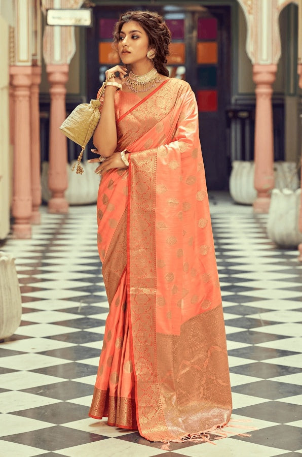 Girlish Peach Soft Banarasi Silk Saree With Adorable Blouse Piece