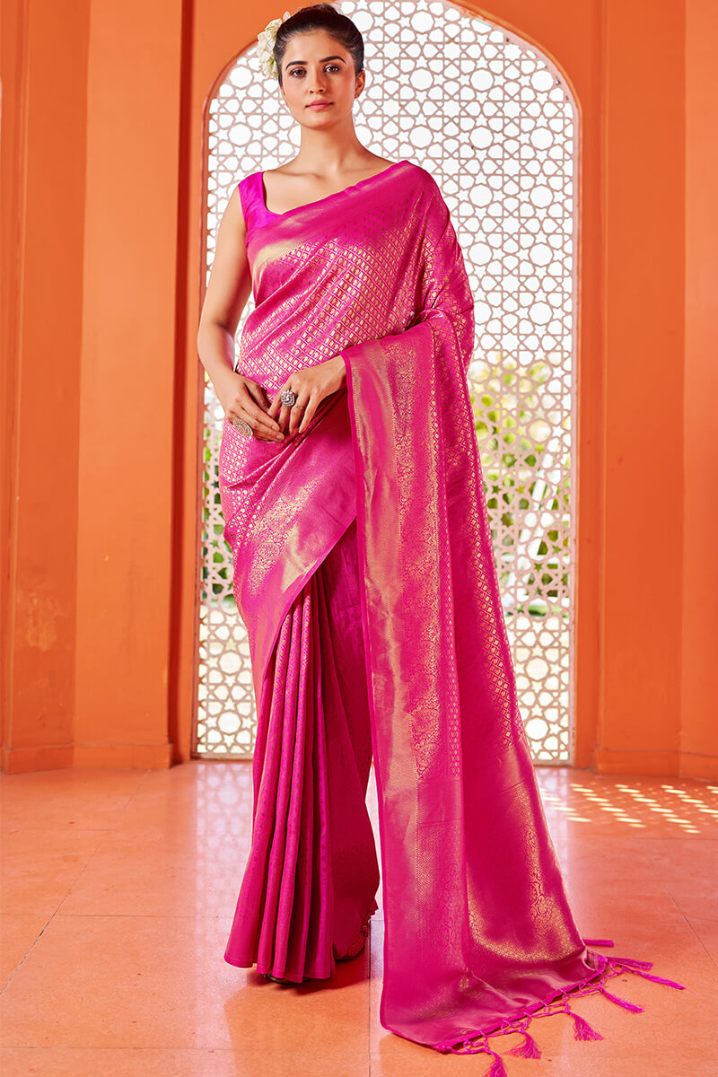 Beautiful Dark Pink Kanjivaram Silk Saree With Captivating Blouse Piece