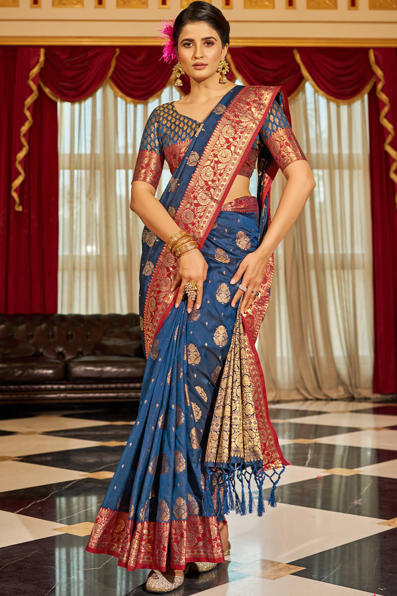 Bucolic Navy Blue Soft Banarasi Silk Saree With Twirling Blouse Piece