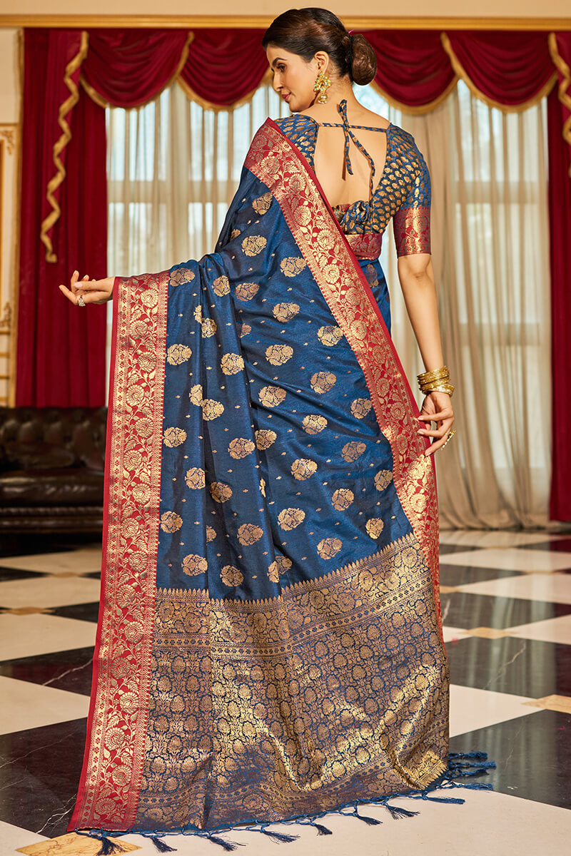 Bucolic Navy Blue Soft Banarasi Silk Saree With Twirling Blouse Piece