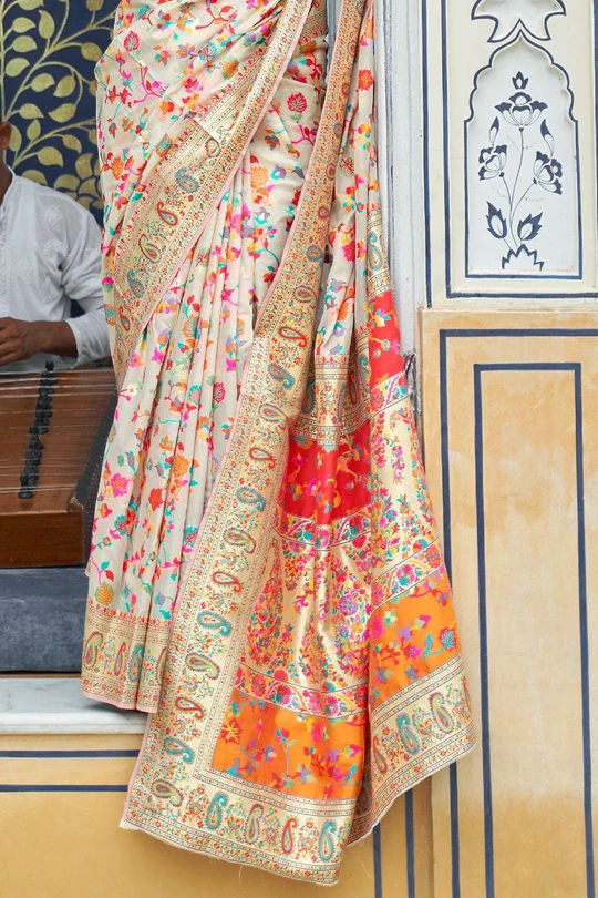 Gratifying Beige Pashmina saree With Panoply Blouse Piece