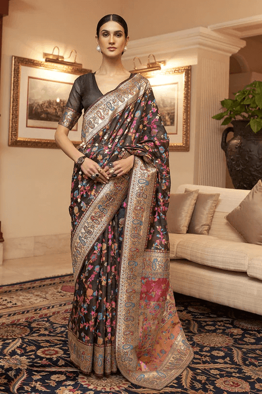 Luxuriant Black Pashmina saree With Artistic Blouse Piece