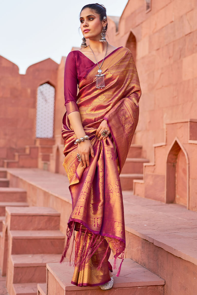 Adorable Purple Kanjivaram Silk Saree With Pleasant Blouse Piece