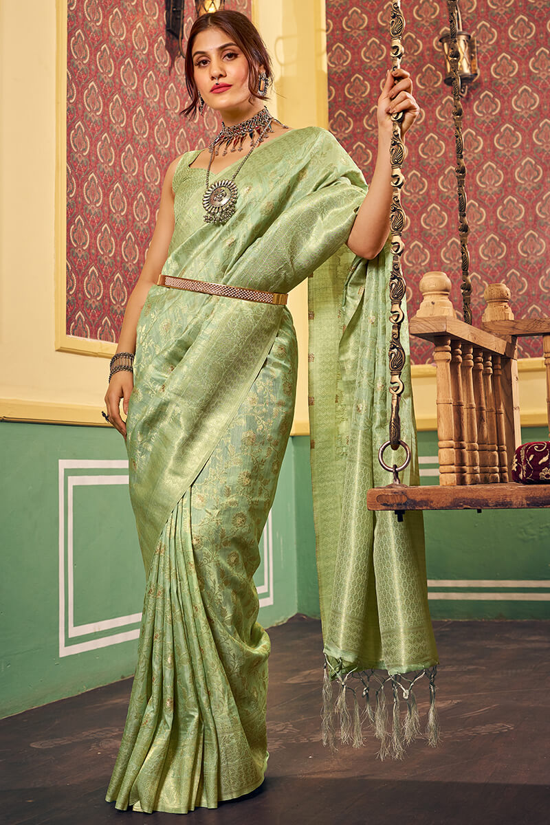 Magnetic Pista Soft Banarasi Silk Saree With Propinquity Blouse Piece