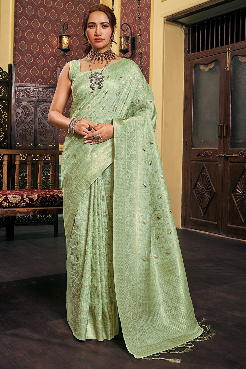 Lagniappe Sea Green Soft Banarasi Silk Saree With Comely Blouse Piece