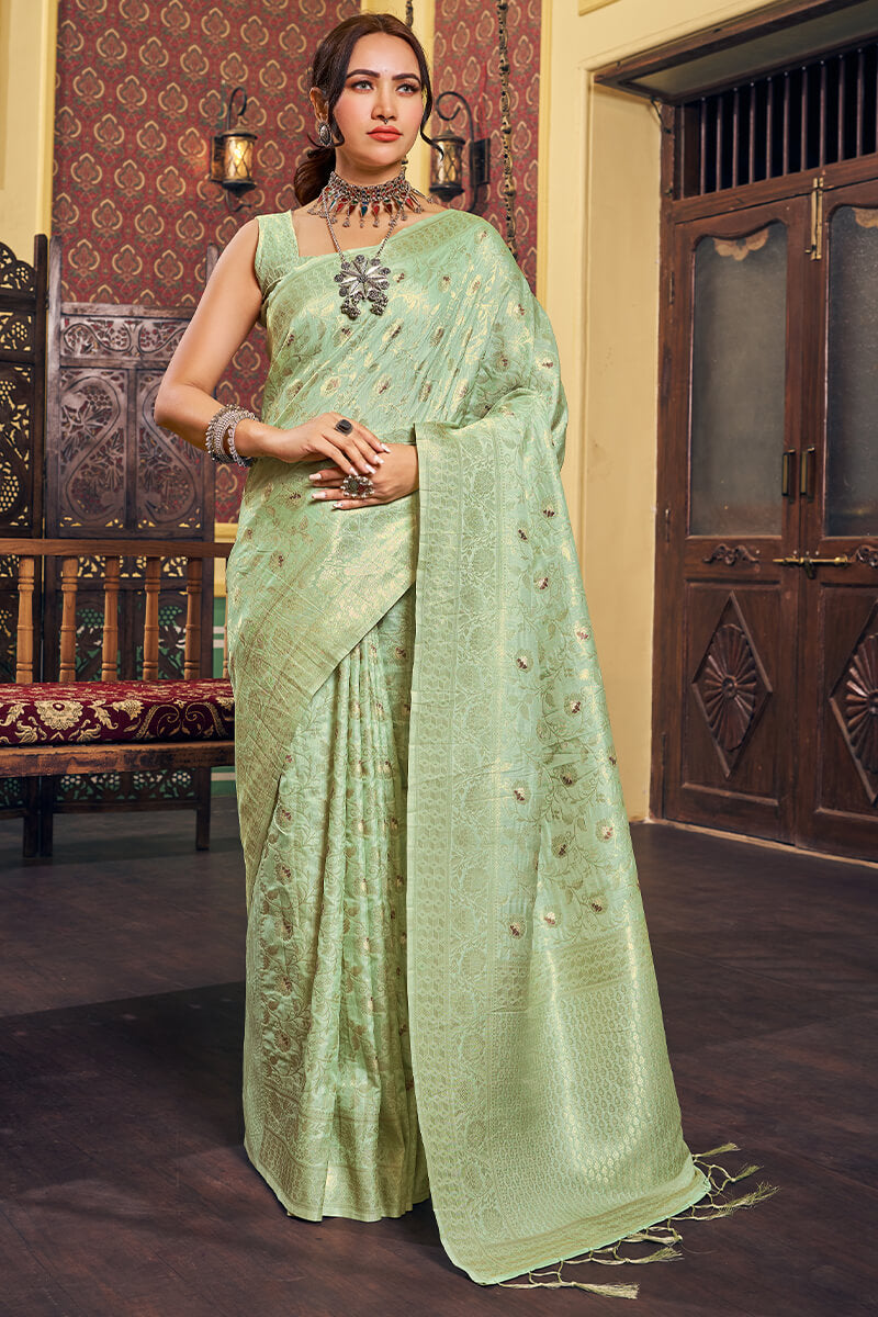 Lagniappe Sea Green Soft Banarasi Silk Saree With Comely Blouse Piece