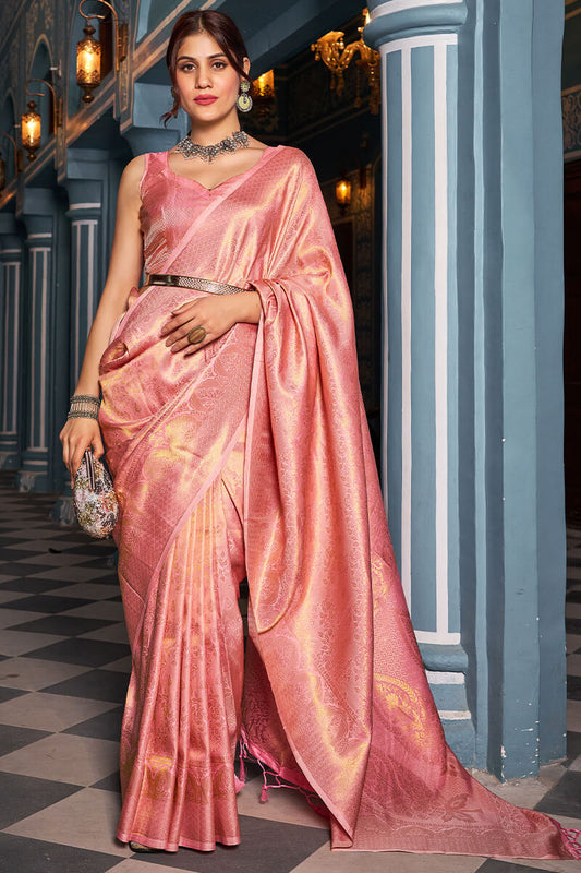 Extraordinary Baby Pink Kanjivaram Silk Saree With Flattering Blouse Piece