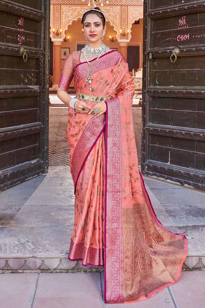 Opulent Peach Soft Banarasi Silk Saree With Flamboyant Blouse Piece