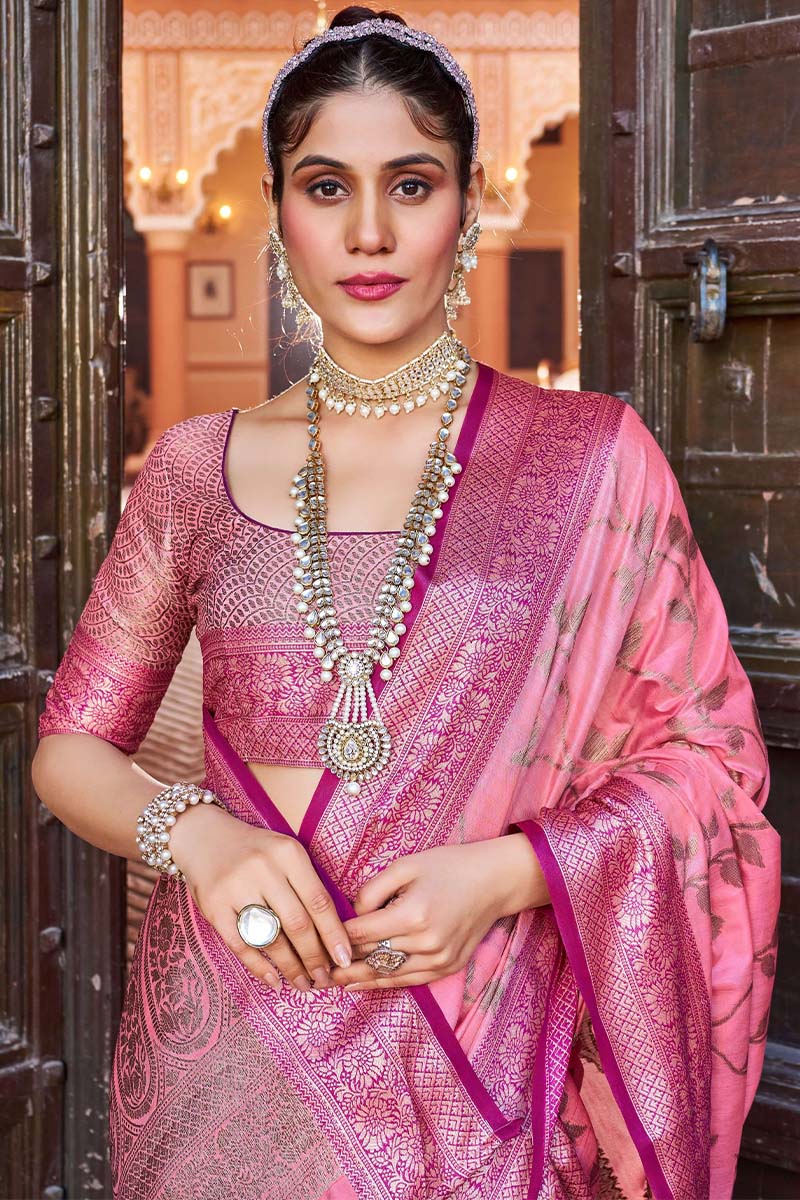 Breathtaking Pink Soft Banarasi Silk Saree With Prominent Blouse Piece