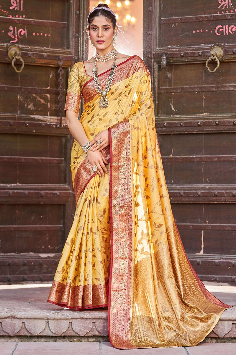 Blooming Yellow Soft Banarasi Silk Saree With Preferable Blouse Piece