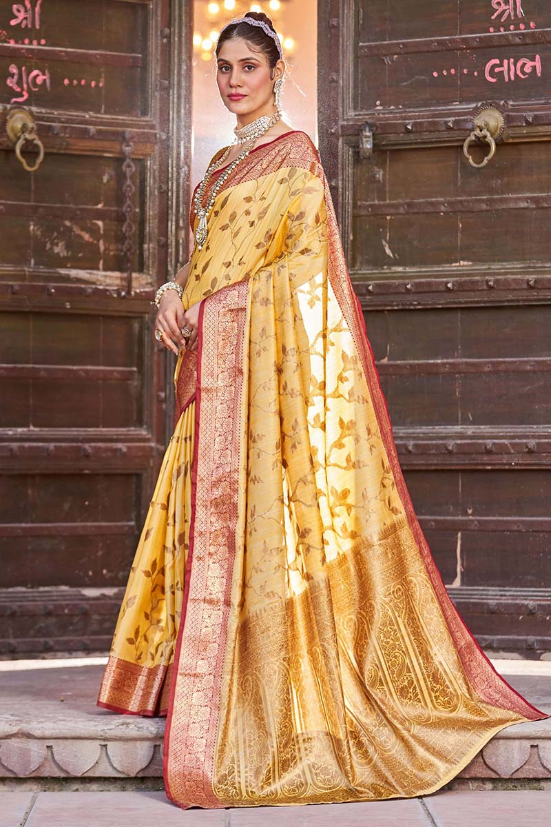 Blooming Yellow Soft Banarasi Silk Saree With Preferable Blouse Piece