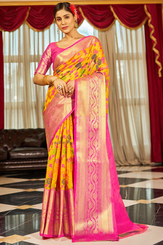 Groovy Yellow Soft Banarasi Silk Saree With Entrancing Blouse Piece