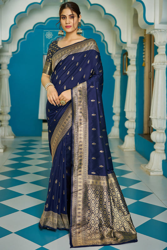 Panoply Navy Blue Banarasi Silk Saree With Staggering Blouse Piece