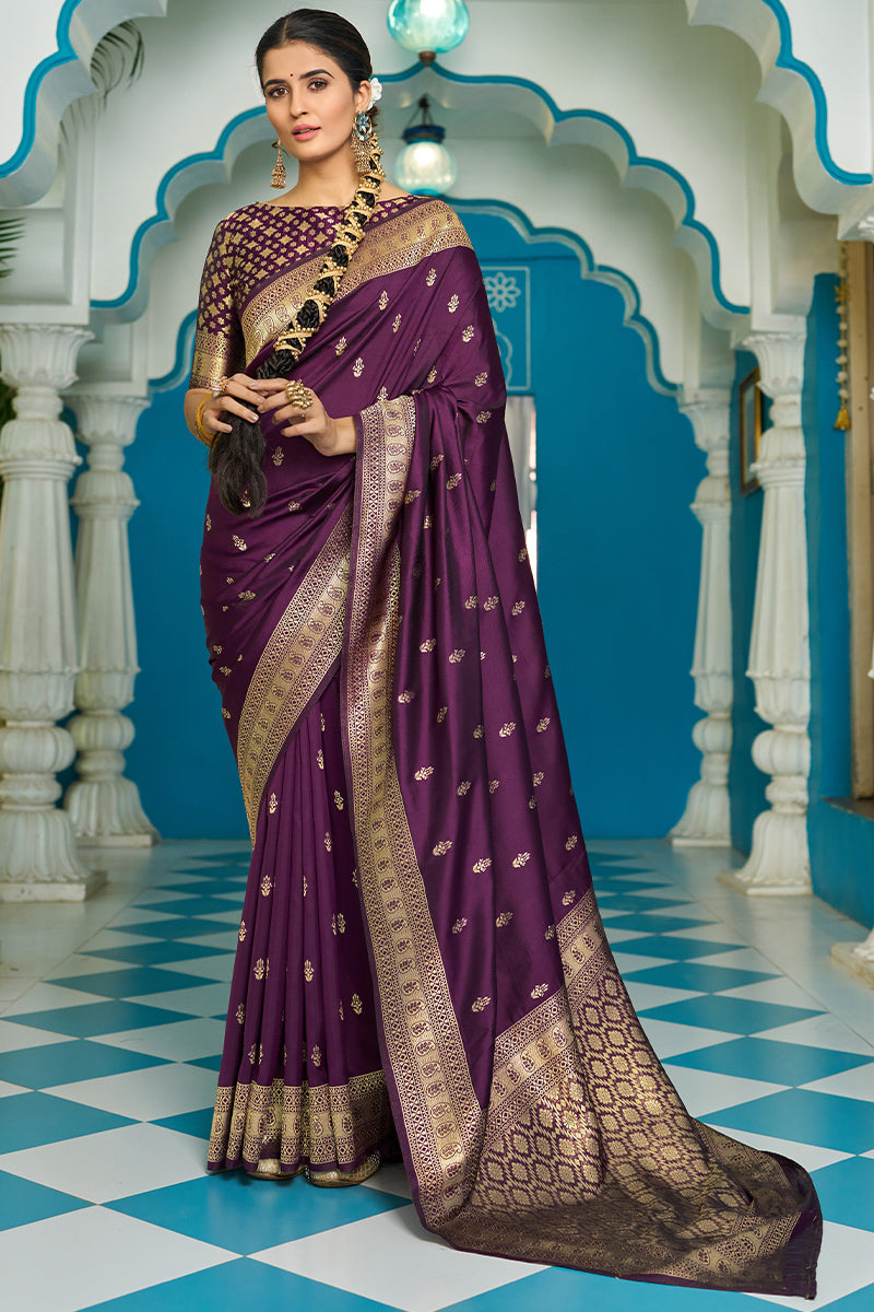 Lagniappe Purple Banarasi Silk Saree With Panoply Blouse Piece