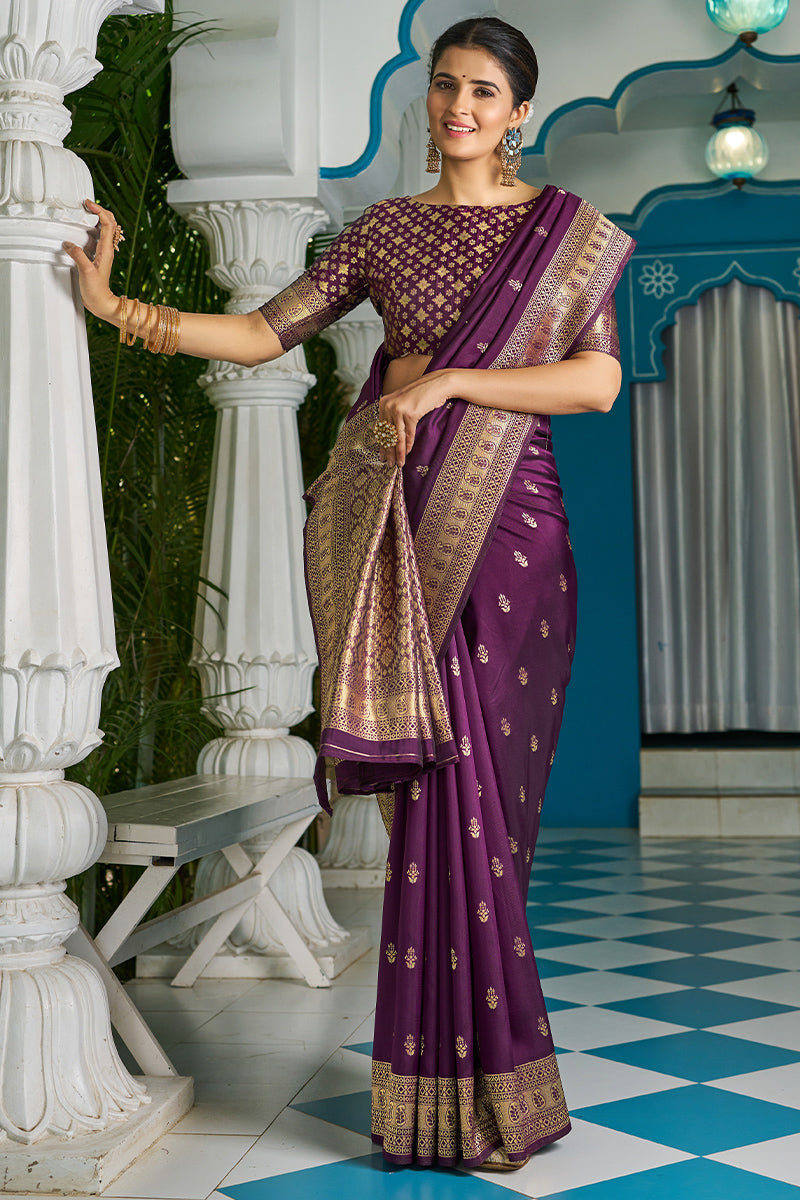 Lagniappe Purple Banarasi Silk Saree With Panoply Blouse Piece