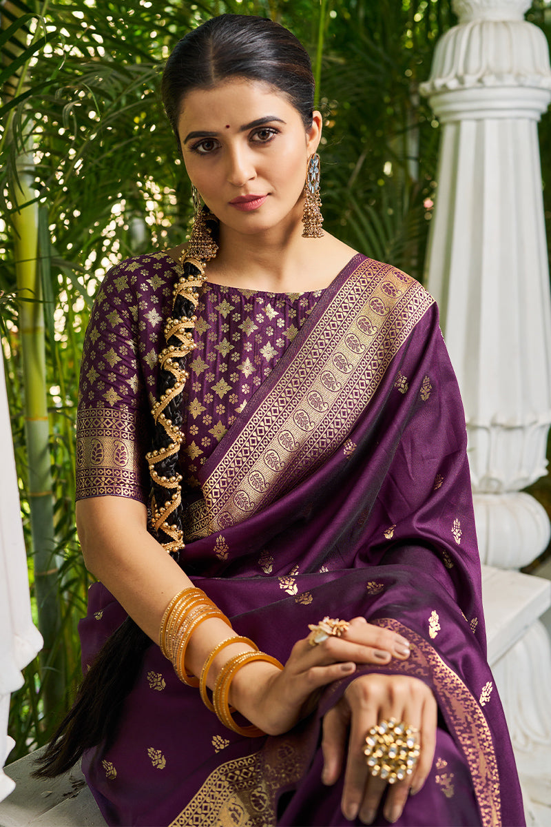 Lagniappe Purple Banarasi Silk Saree With Panoply Blouse Piece