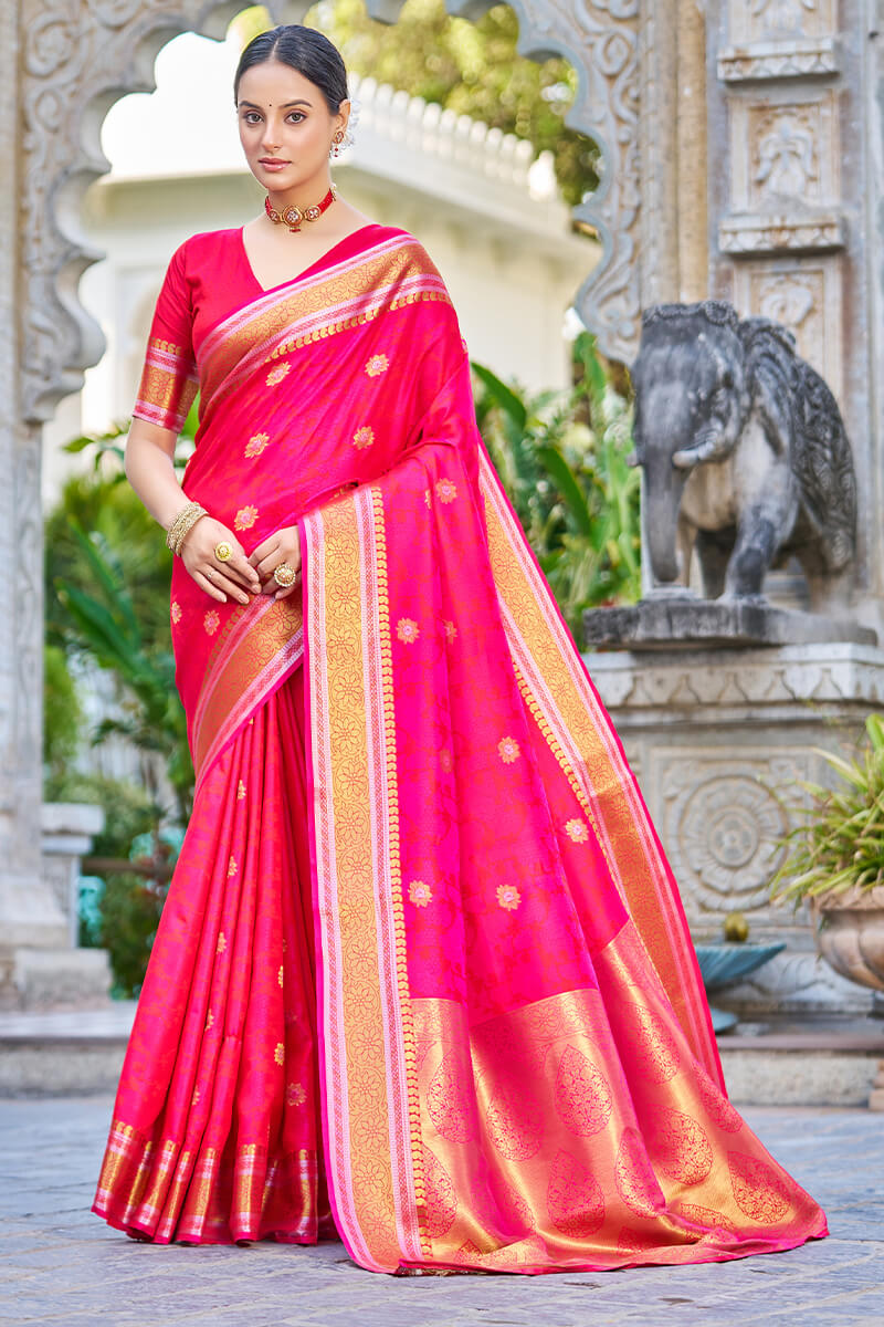 Attractive Dark Pink Kanjivaram Silk Saree With Ideal Blouse Piece