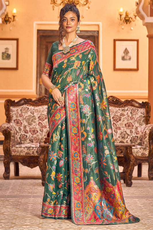 Extraordinary Dark Green Linen Silk Saree With Ethnic Blouse Piece