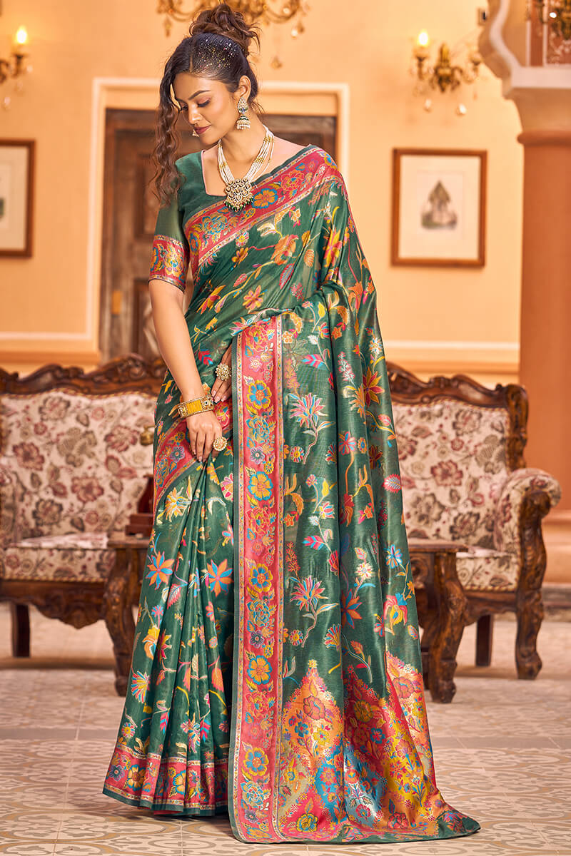 Extraordinary Dark Green Linen Silk Saree With Ethnic Blouse Piece