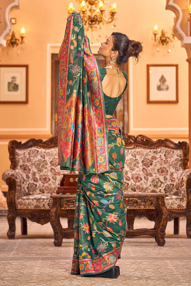 Extraordinary Dark Green Linen Silk Saree With Ethnic Blouse Piece