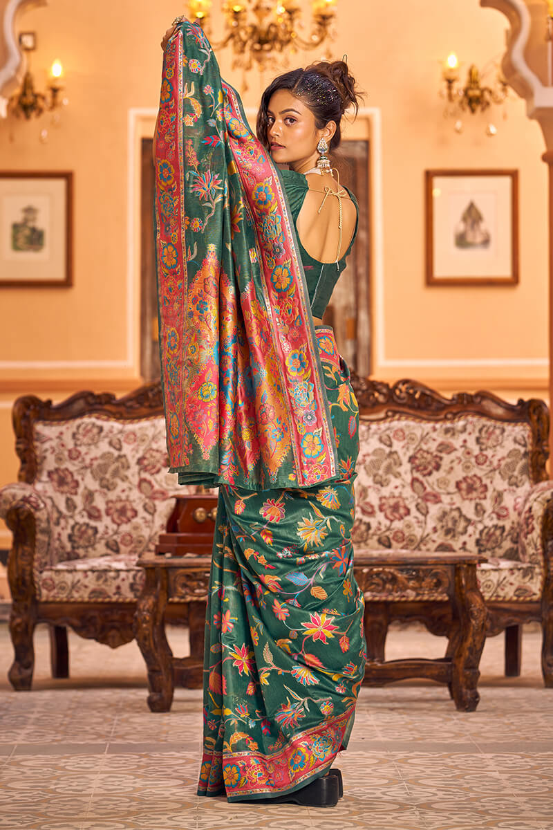 Extraordinary Dark Green Linen Silk Saree With Ethnic Blouse Piece