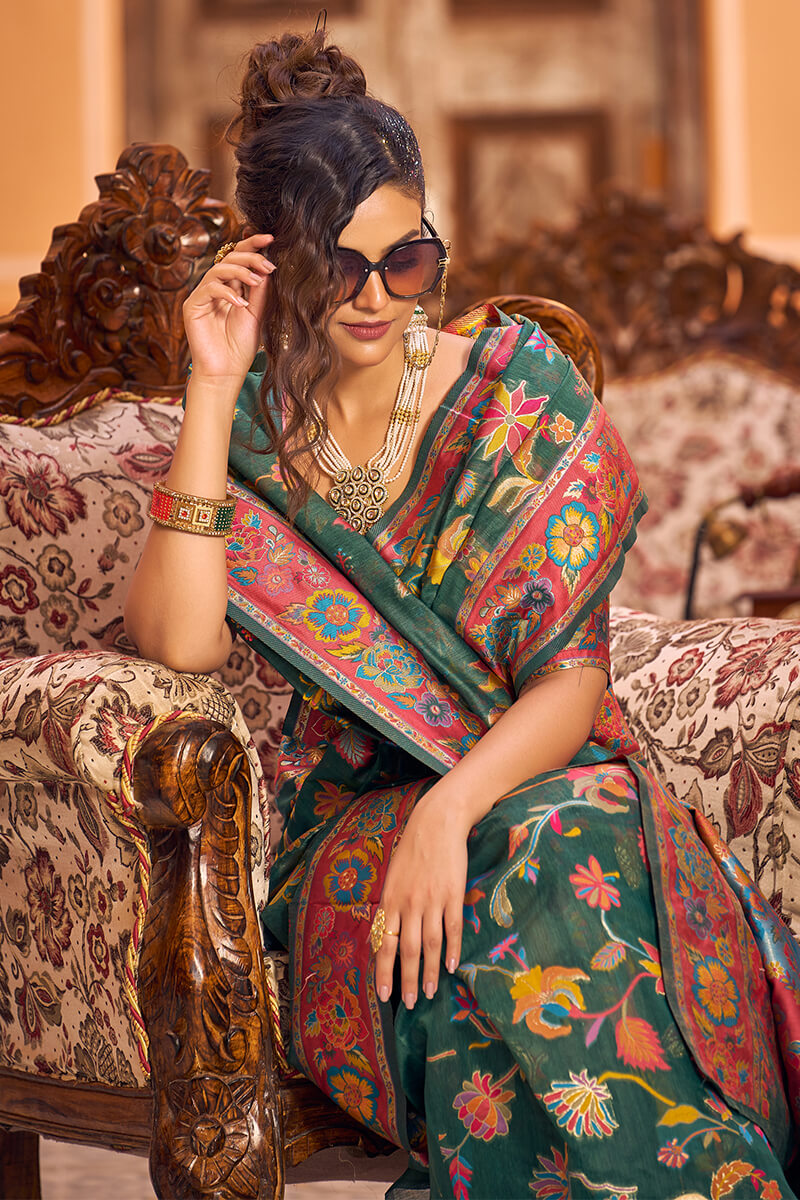 Extraordinary Dark Green Linen Silk Saree With Ethnic Blouse Piece