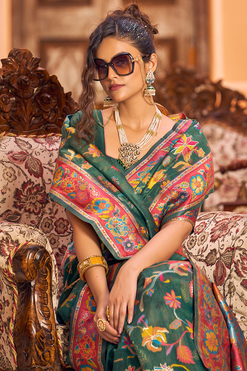 Extraordinary Dark Green Linen Silk Saree With Ethnic Blouse Piece