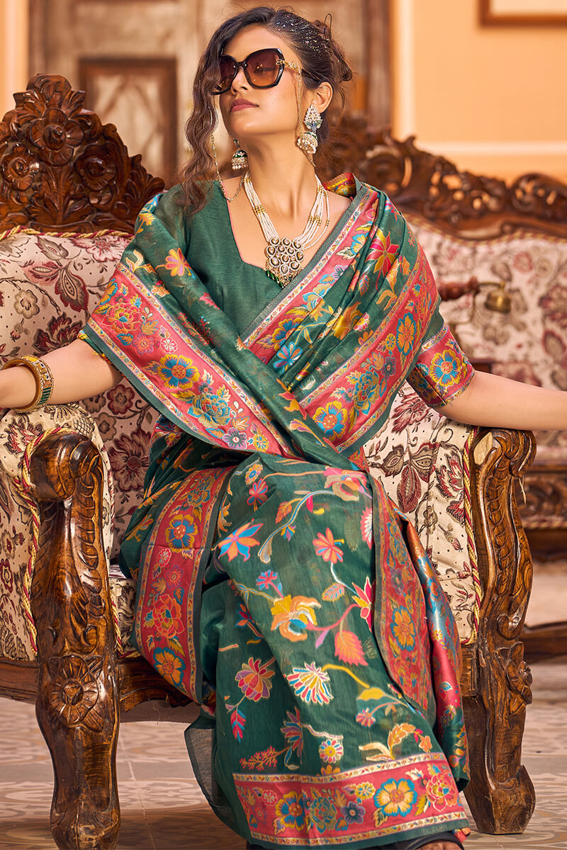 Extraordinary Dark Green Linen Silk Saree With Ethnic Blouse Piece