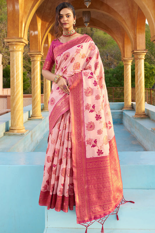 Panoply Baby Pink Organza Silk Saree With Lissome Blouse Piece