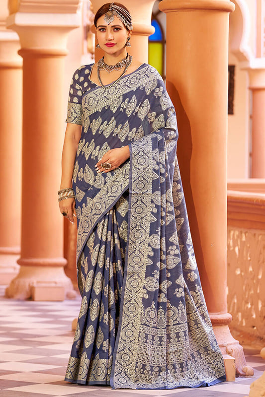 Fancifull Navy Blue Lucknowi work Silk Saree With Demanding Blouse Piece