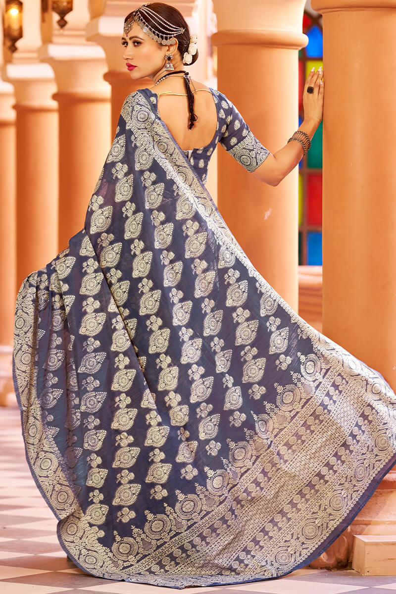 Fancifull Navy Blue Lucknowi work Silk Saree With Demanding Blouse Piece