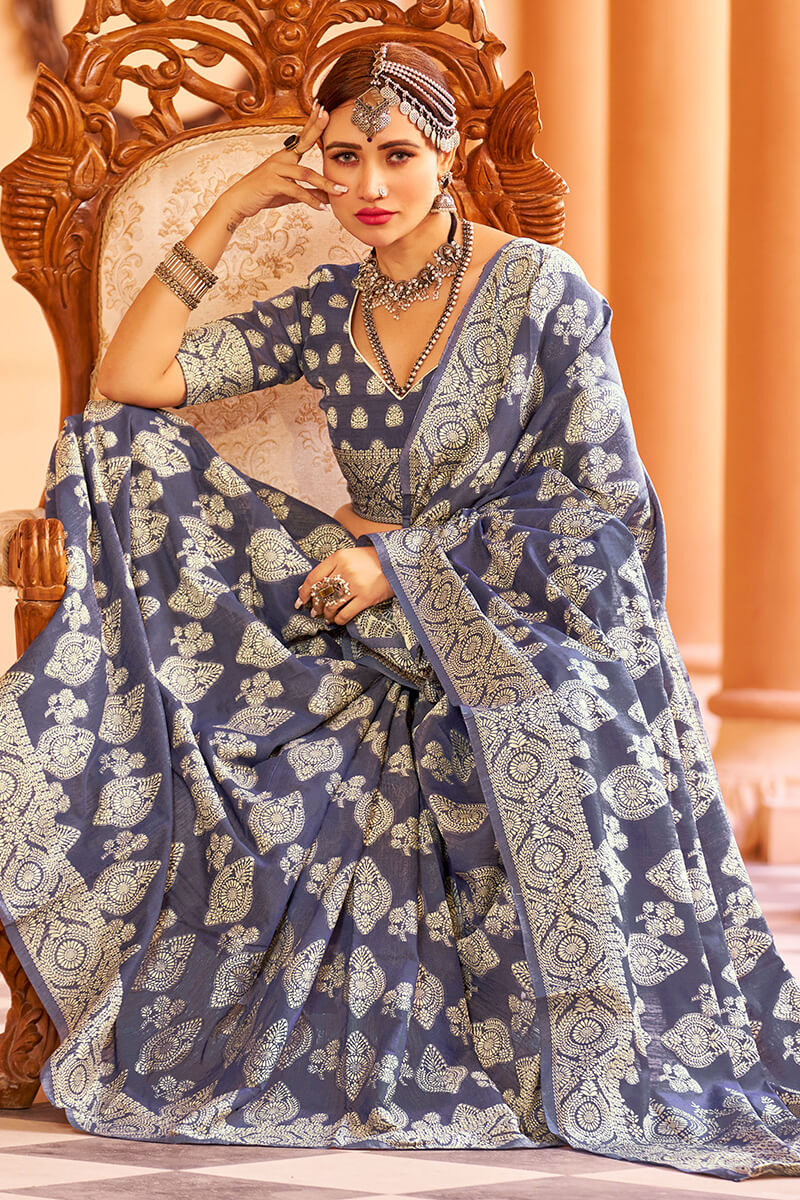 Fancifull Navy Blue Lucknowi work Silk Saree With Demanding Blouse Piece